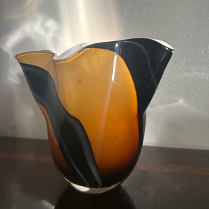 Hand‎ Blown Vintage Murano(?)  7” X 7” Tiger Striped Wavy Vase. Heavy Art Glass.
